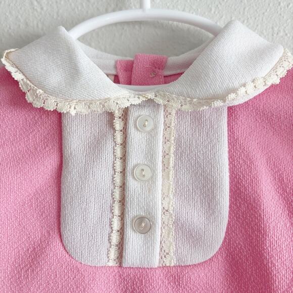 Vintage Baby Pink Dress Sz 12mo Lace Peter Pan Collar Embroidered Animal Mid Mod - Picture 3 of 11
